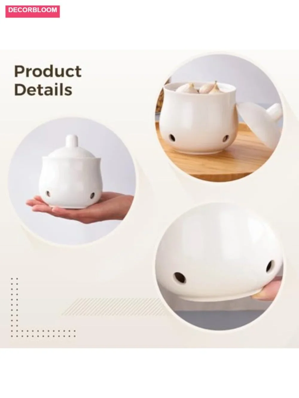 12 oz Ceramic Garlic Keeper with Ventilation Holes, White Kitchen Jar